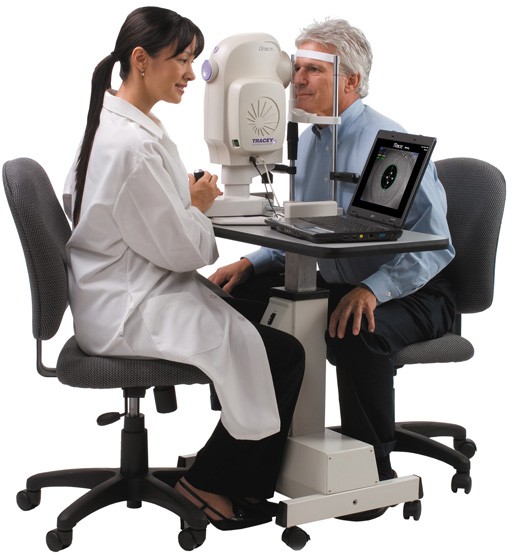 Optometrist examining patient with iTrace from Tracey Technologies